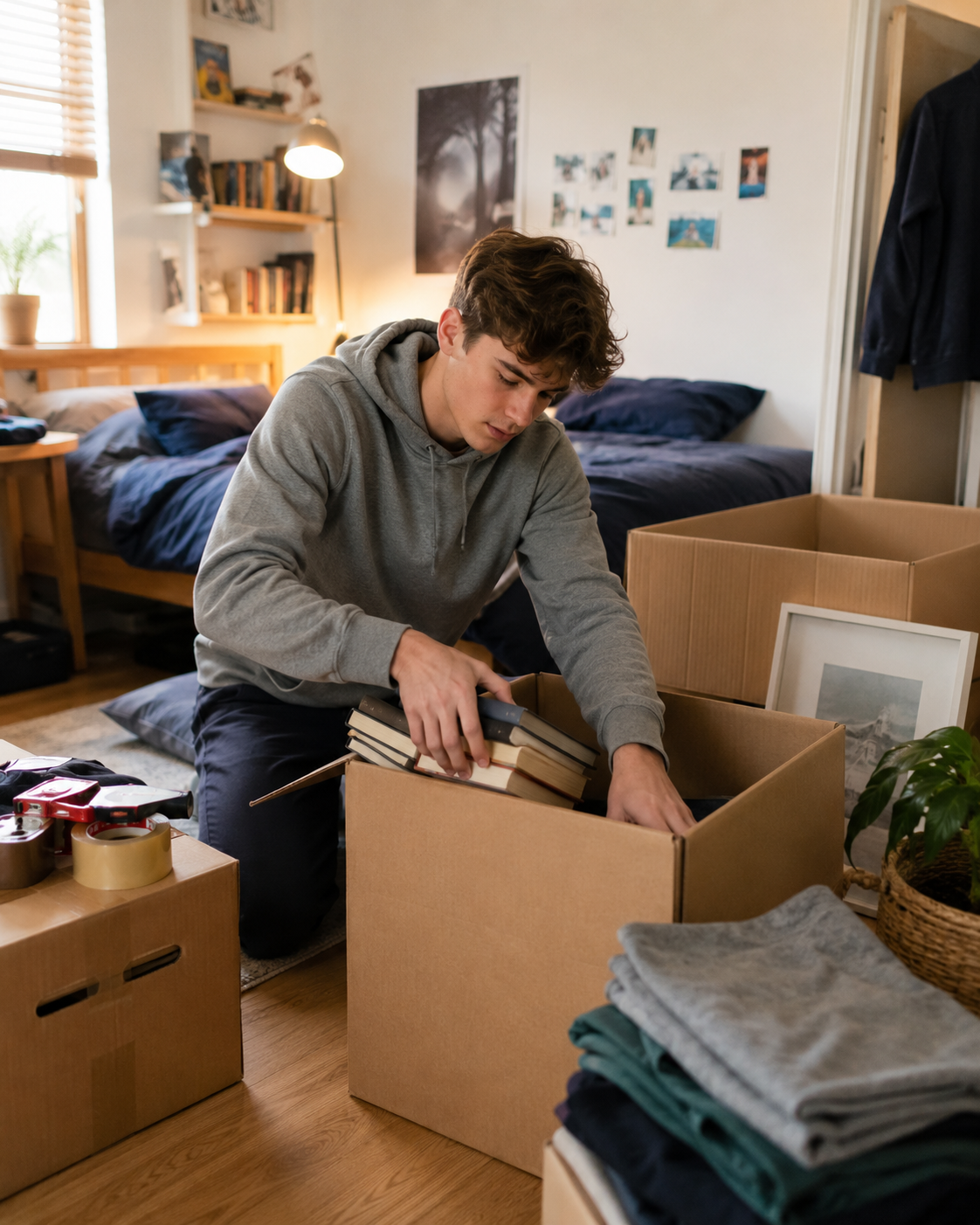 Young adult packing boxes in a bedroom while preparing to move out of home for the first time.