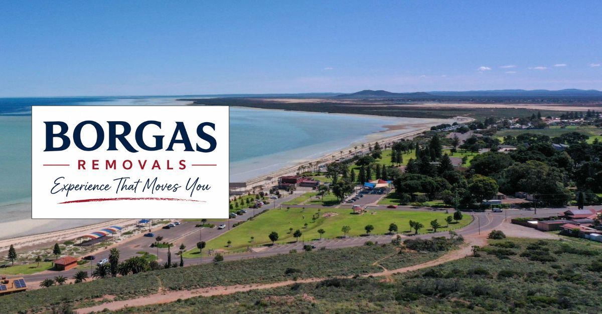 Whyalla South Australia coastline and foreshore with Borgas Removals logo.