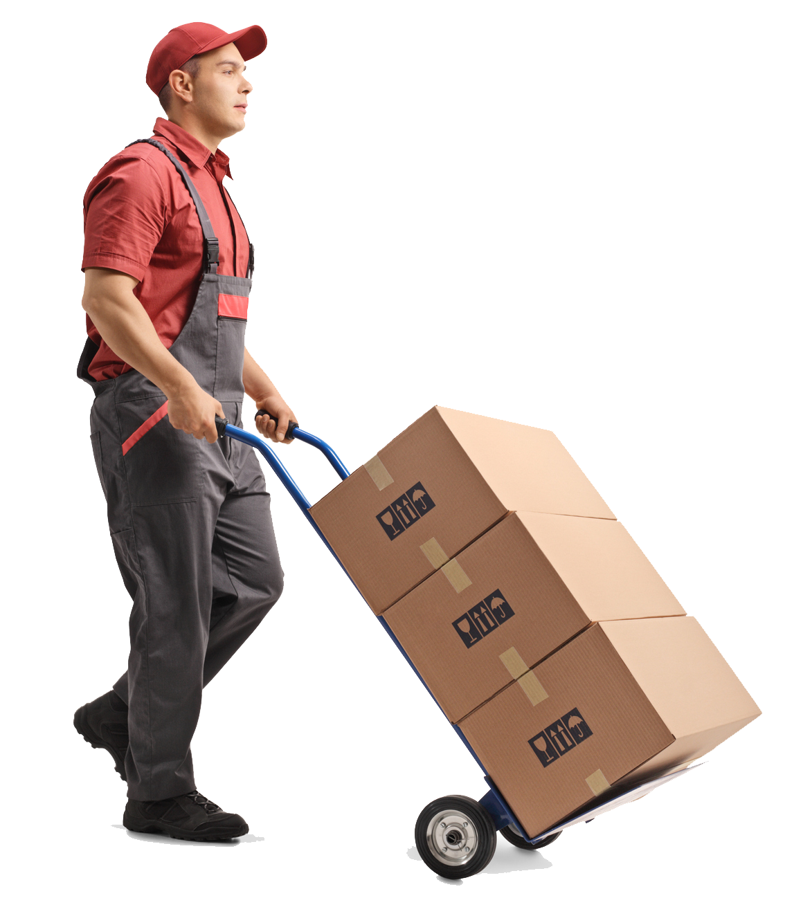 A delivery man is pushing a cart full of boxes. A delivery man is pushing a cart full of boxes.