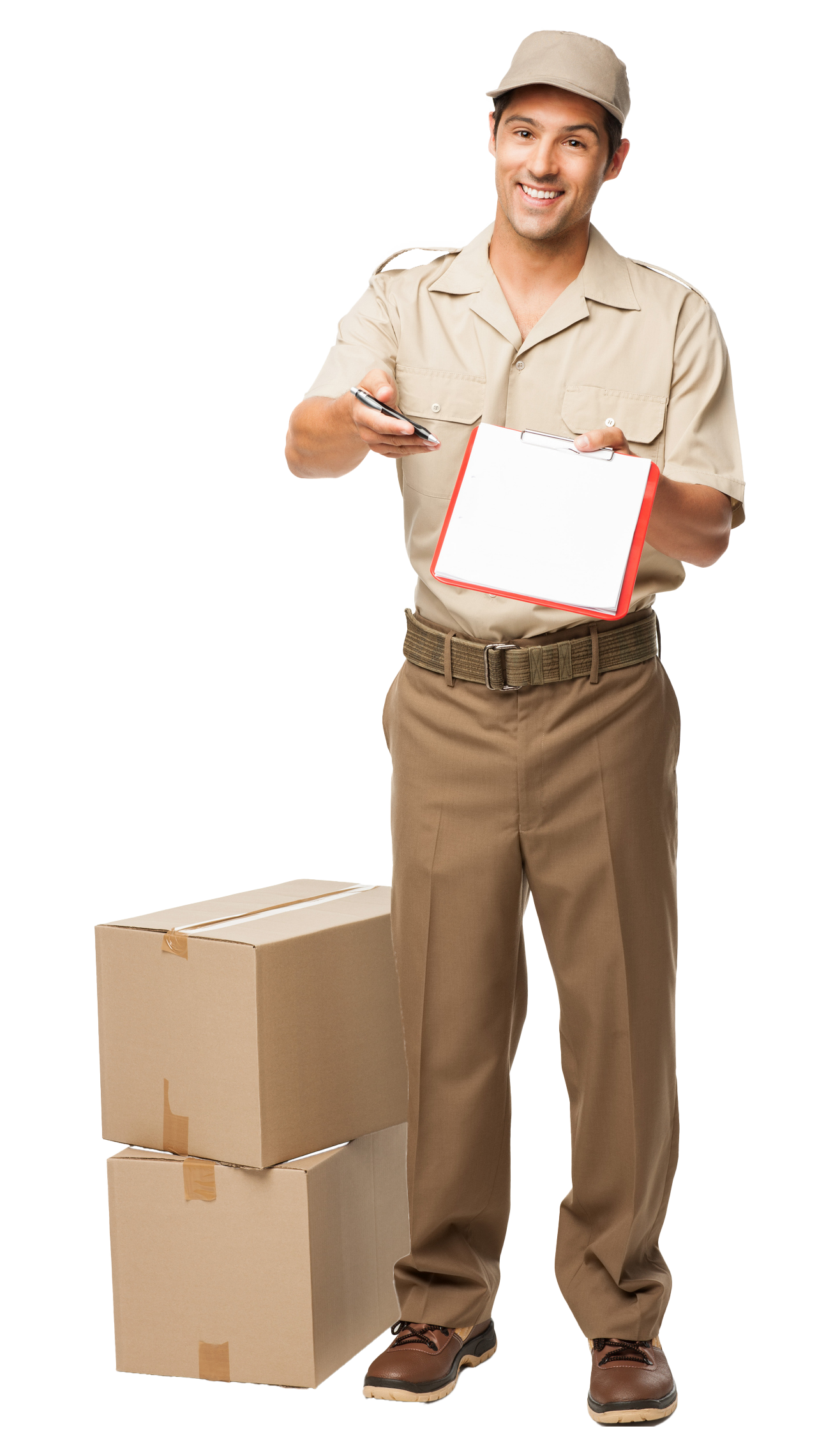 A delivery man is standing next to a stack of cardboard boxes and holding a clipboard.