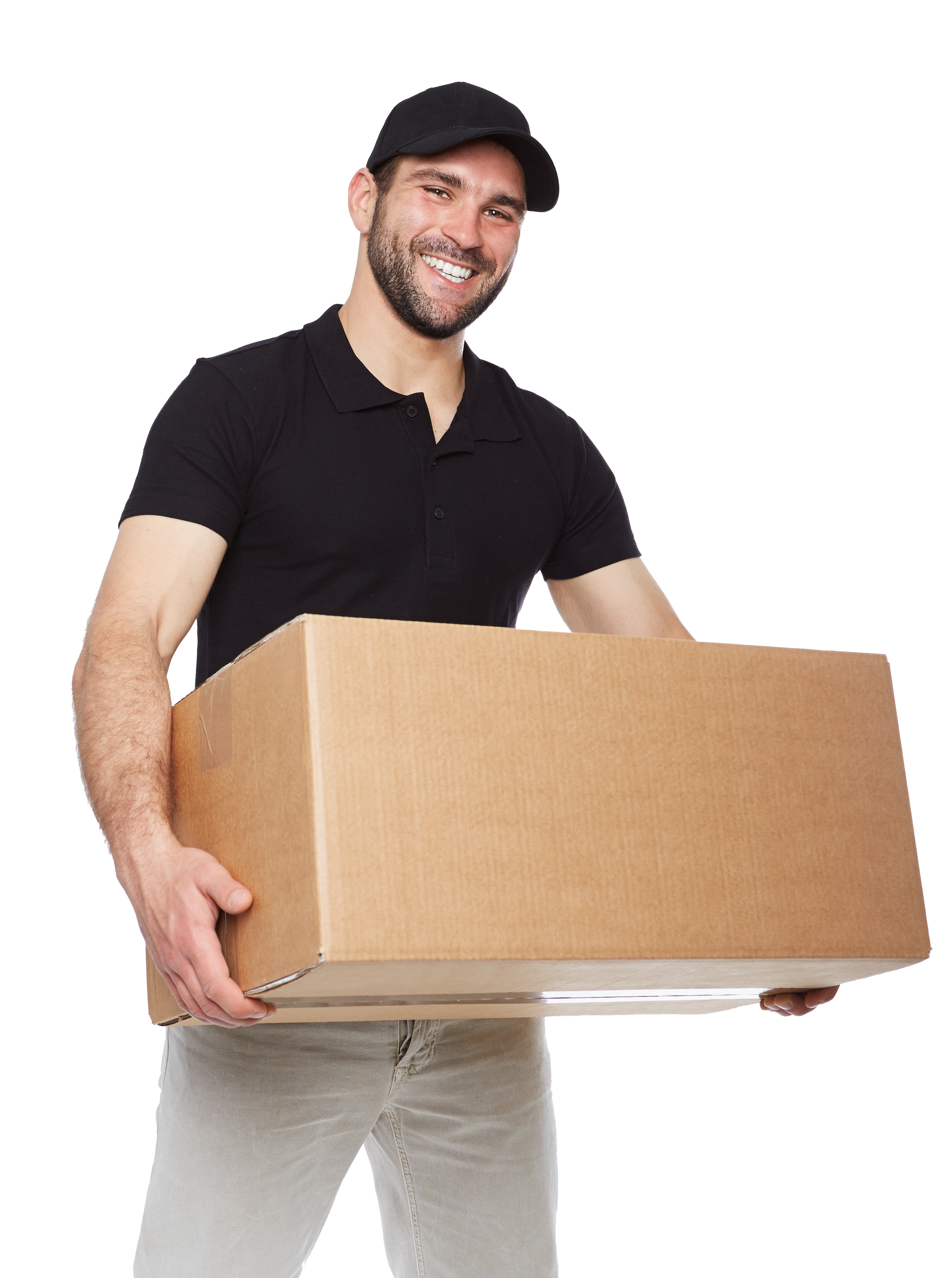 A man in a black shirt is holding a cardboard box. A man in a black shirt is holding a cardboard box.