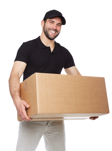 A man in a black shirt is holding a cardboard box. A man in a black shirt is holding a cardboard box.