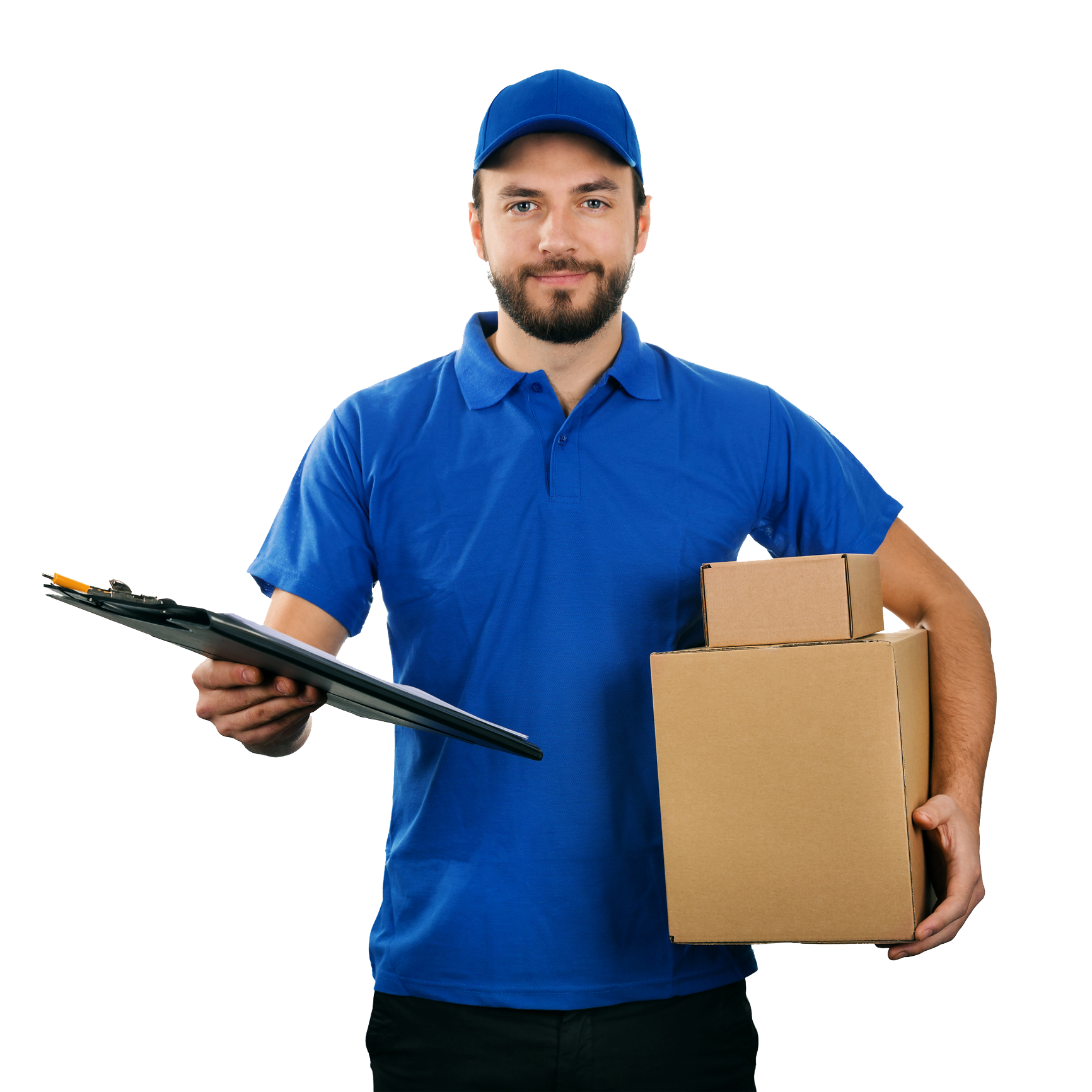 A delivery man in a blue shirt is holding a clipboard and a cardboard box A delivery man in a blue shirt is holding a clipboard and a cardboard box