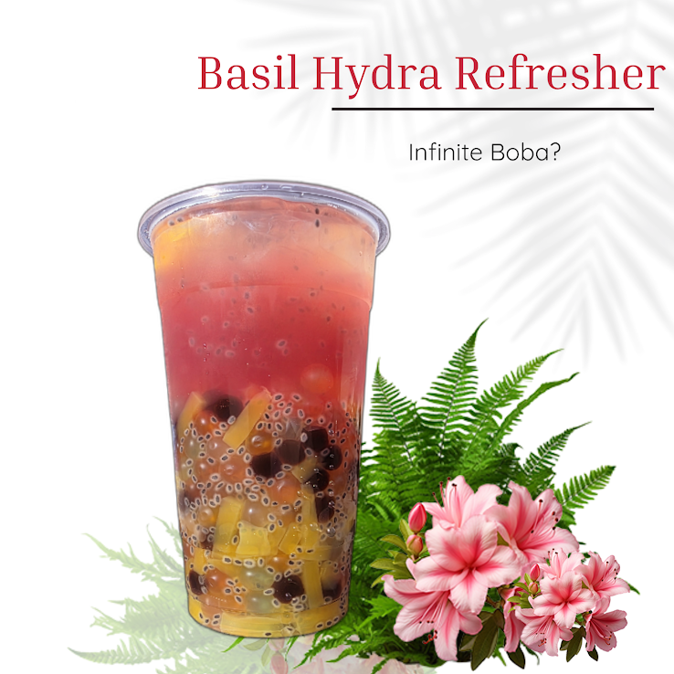 Basil Hydra Refresher: colorful boba drink with ferns and pink flowers on a light background
