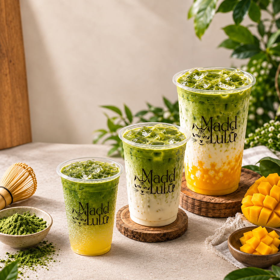 Three green iced matcha drinks in clear cups on a table with bamboo whisk and mango garnish