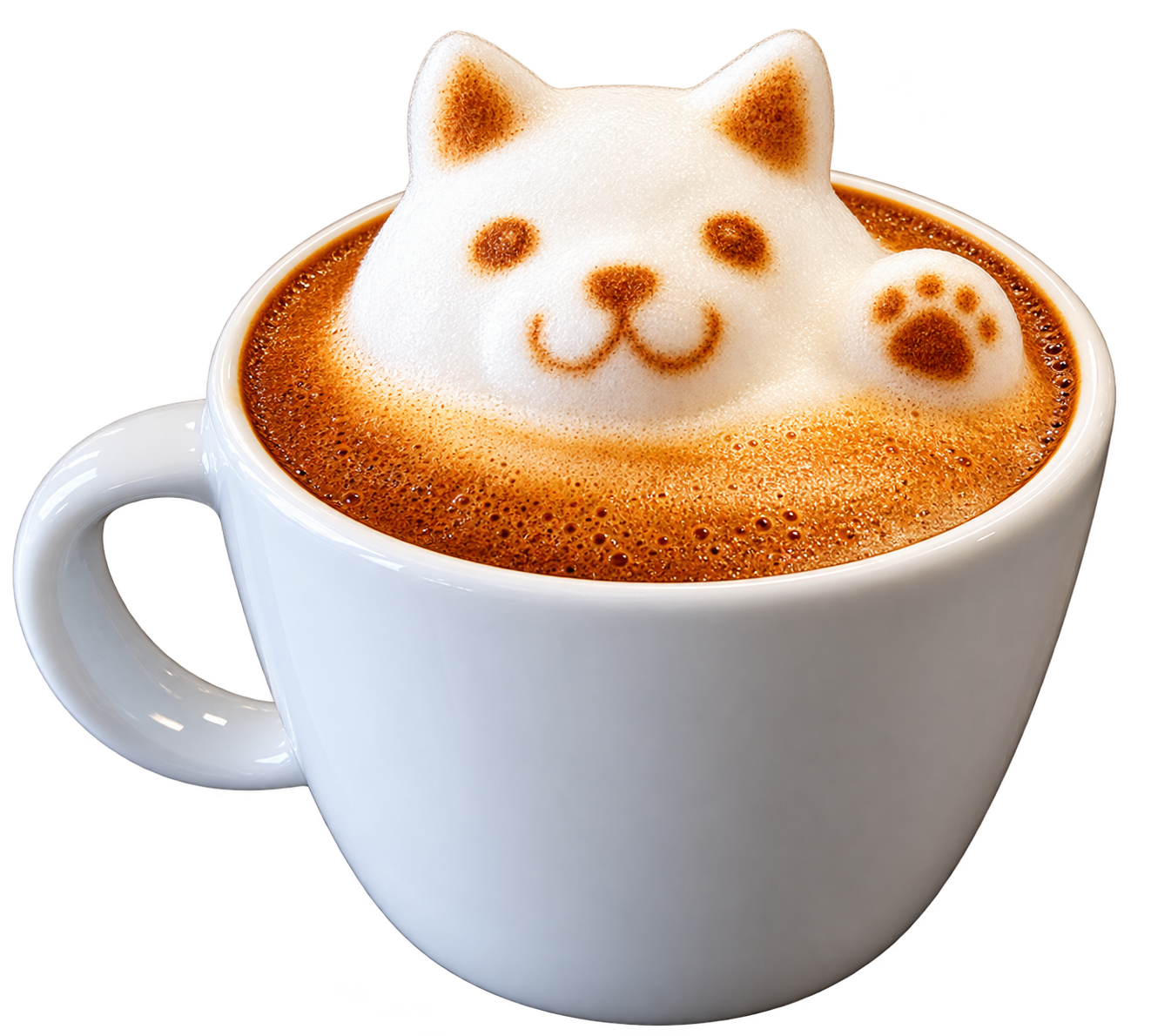 White cat-shaped latte art in a white coffee cup with a visible paw print on top