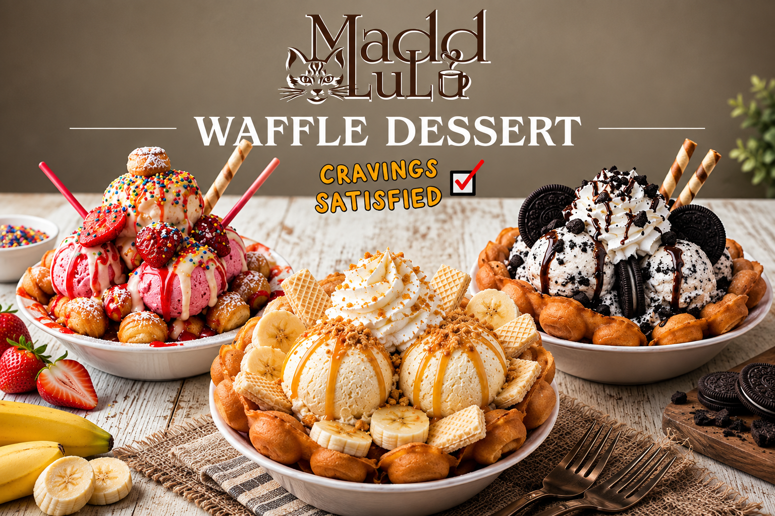 Waffle dessert display with strawberry, cream, and chocolate-topped waffles on a rustic table.