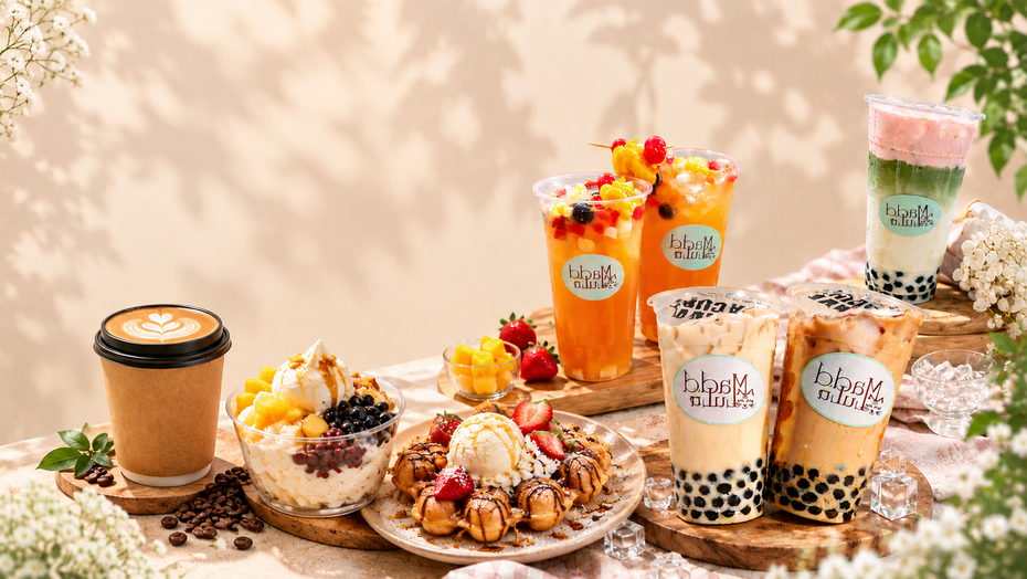 Assorted iced drinks and berry-topped pastries arranged on a floral tabletop display