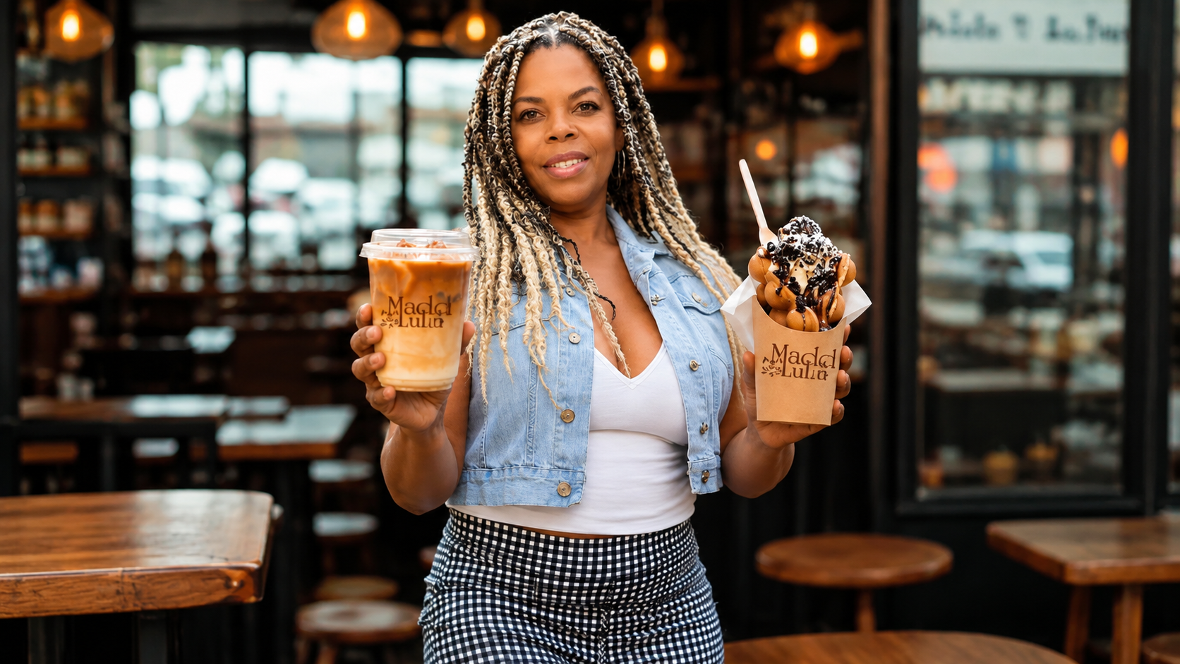Woman holding two iced coffee drinks in a cozy cafe with warm lighting