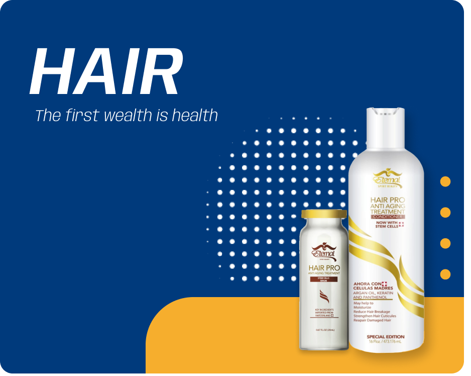 A bottle of shampoo and a bottle of conditioner on a blue and yellow background.