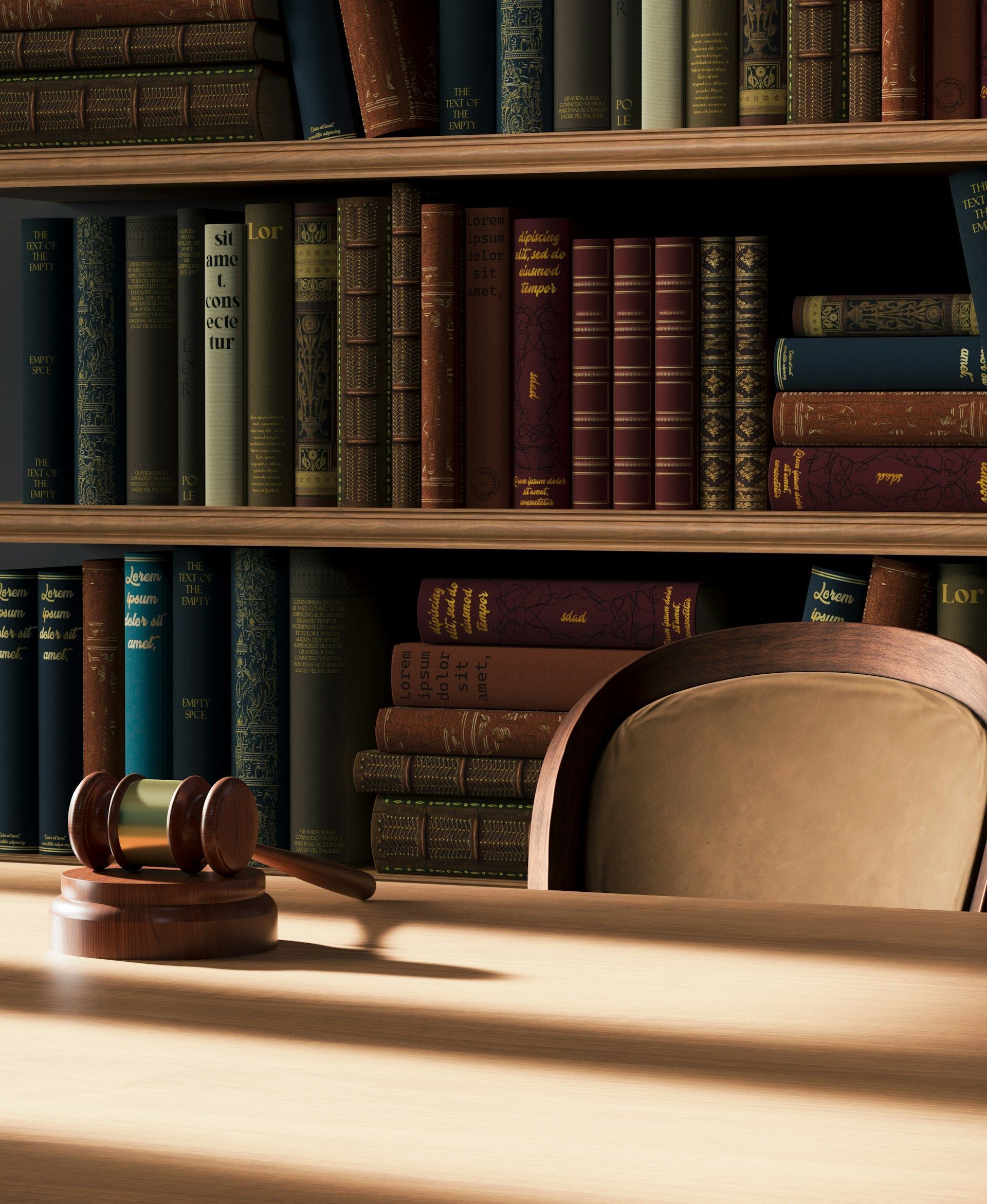 Gavel on desk in front of a bookcase filled with old books and a partially visible chair.