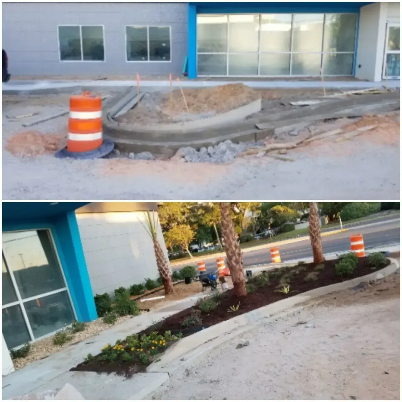 Top: Construction of a curved concrete planter bed in front of a blue and white building.