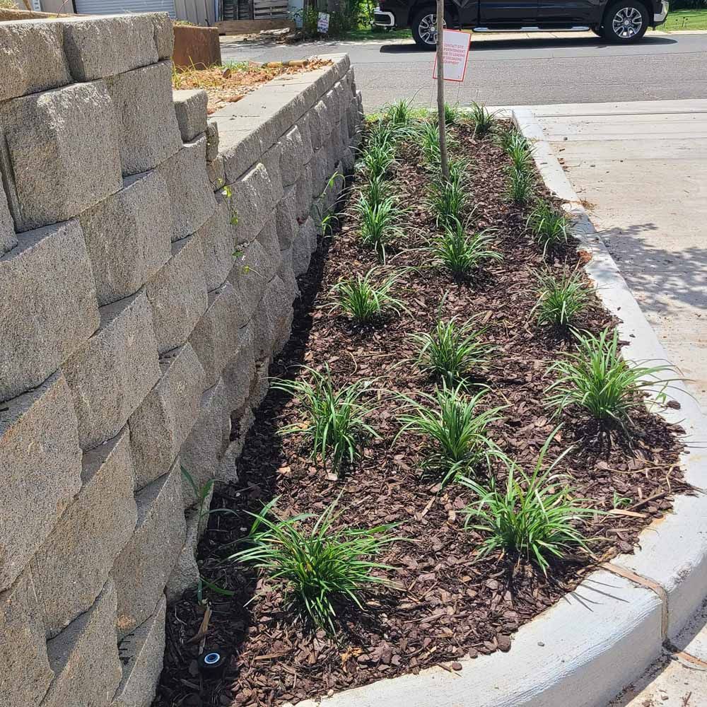 Retaining wall made of stacked blocks frames a brown mulch bed with green plants alongside a curb.