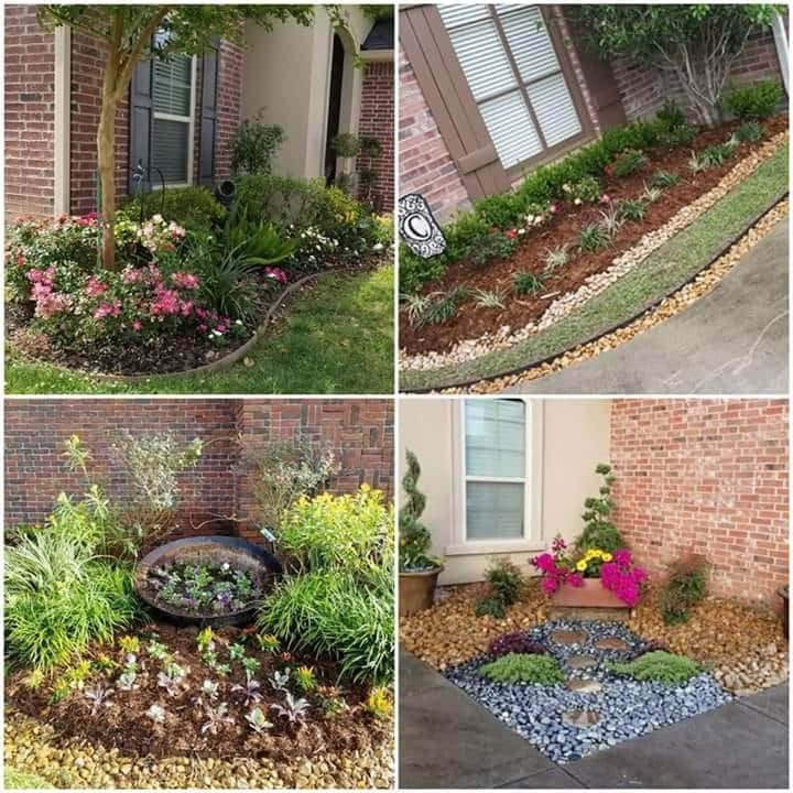 Four photos of landscaped house front yards with plants, flowers, mulch, and brick exteriors.