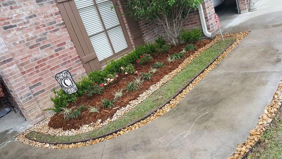A landscaped flower bed with brown mulch, green plants, and brown rocks.