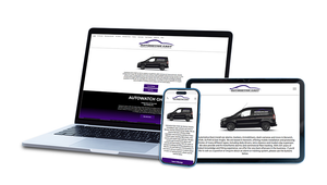 Laptop, tablet, and phone showing a black van on a website layout