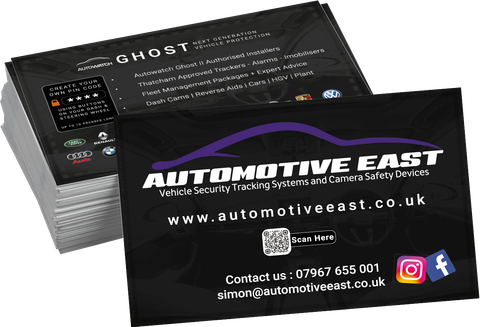 Business cards for Automotive East, black design with white text, website and contact details, plus social icons