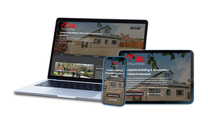Laptop, smartphone, and tablet displaying a real estate website with a house photo and red logo
