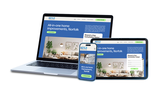 Laptop, tablet, and smartphone showing a blue website homepage on a white background