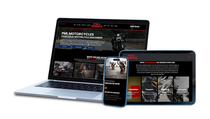 Laptop, tablet, and smartphone displaying a motorcycle website on a white background