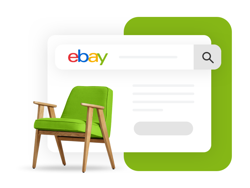 A green chair is sitting next to a search bar on ebay.