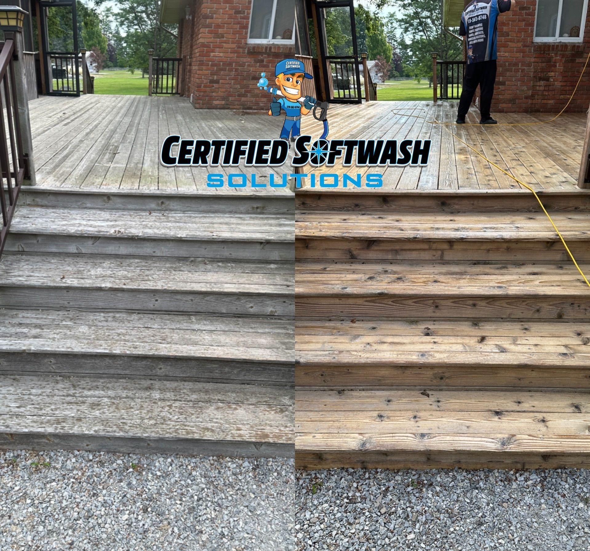 backward wooden deck being pressure washed