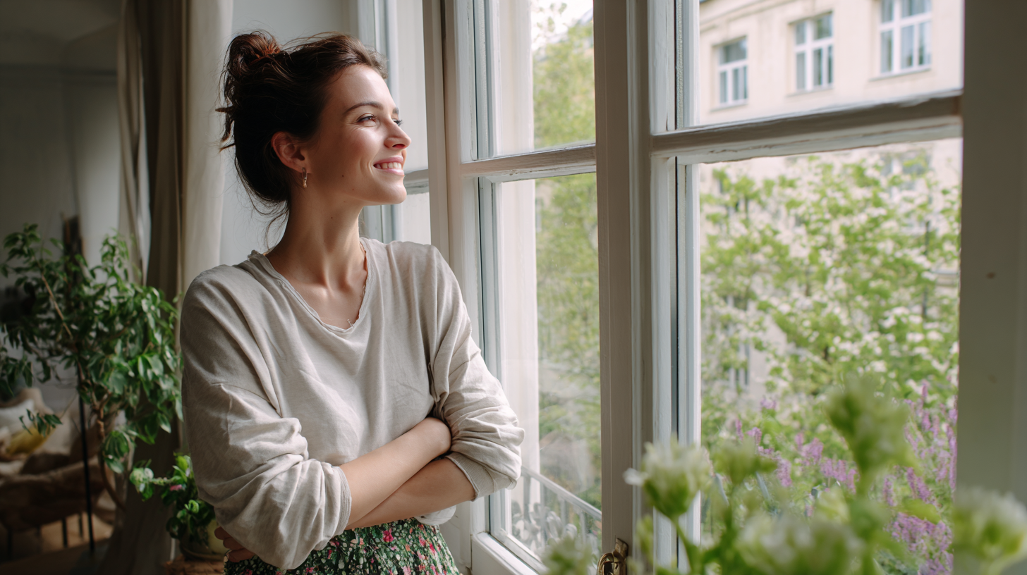 a homeowner enjoying their cleaned windows