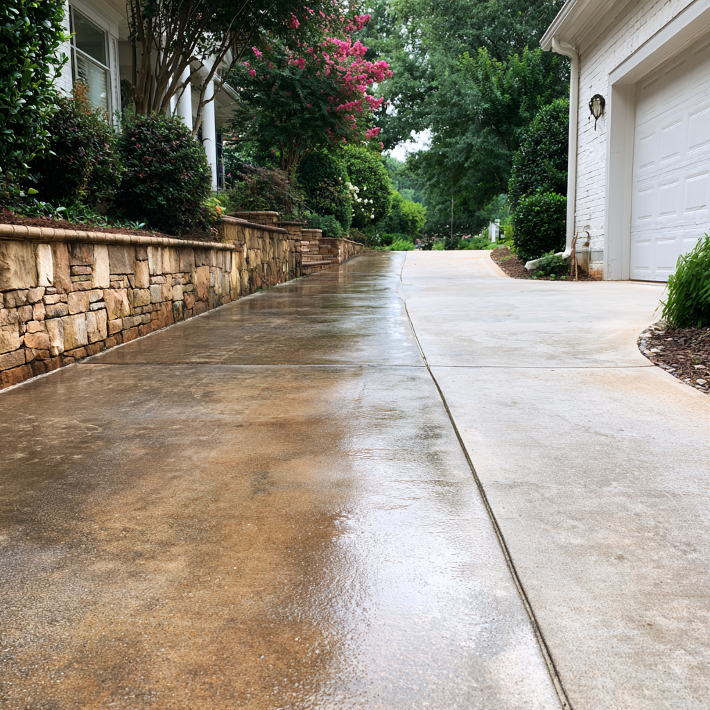 a concrete driveway that has been professionally cleaned by a soft washing team