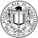 A black and white drawing of the seal of the State Bar of California.