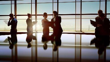 Modern law office conference room with a large polished table