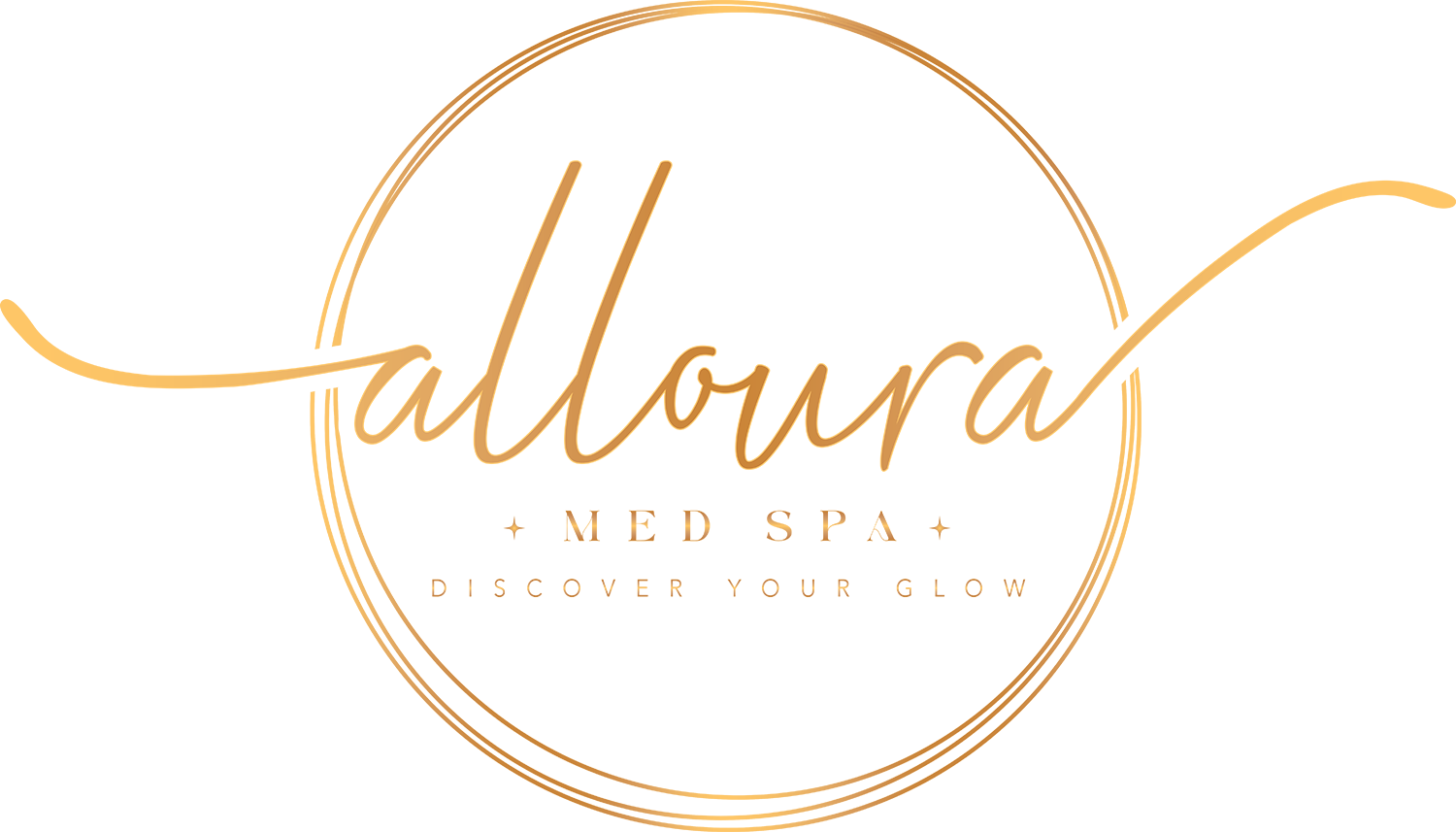 Gold circular logo reading “alloura med spa” with thin flowing lines on a white background