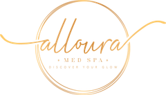 Gold circular logo reading &ldquo;alloura med spa&rdquo; with thin flowing lines on a white background