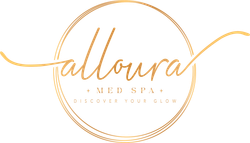 Gold circular logo reading &ldquo;alloura med spa&rdquo; with thin flowing lines on a white background