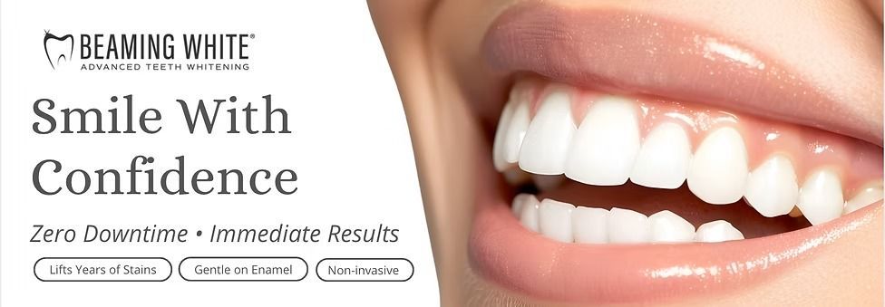 Dental whitening ad with smiling white teeth and text “Smile With Confidence” and “Zero Downtime - Immediate Results”