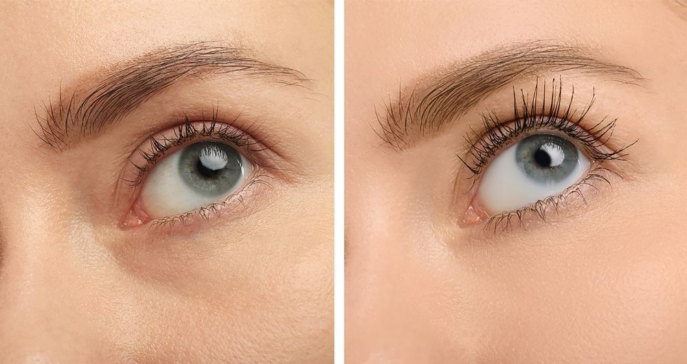 Close-up comparison of an eye before and after eyebrow and eyelash makeup