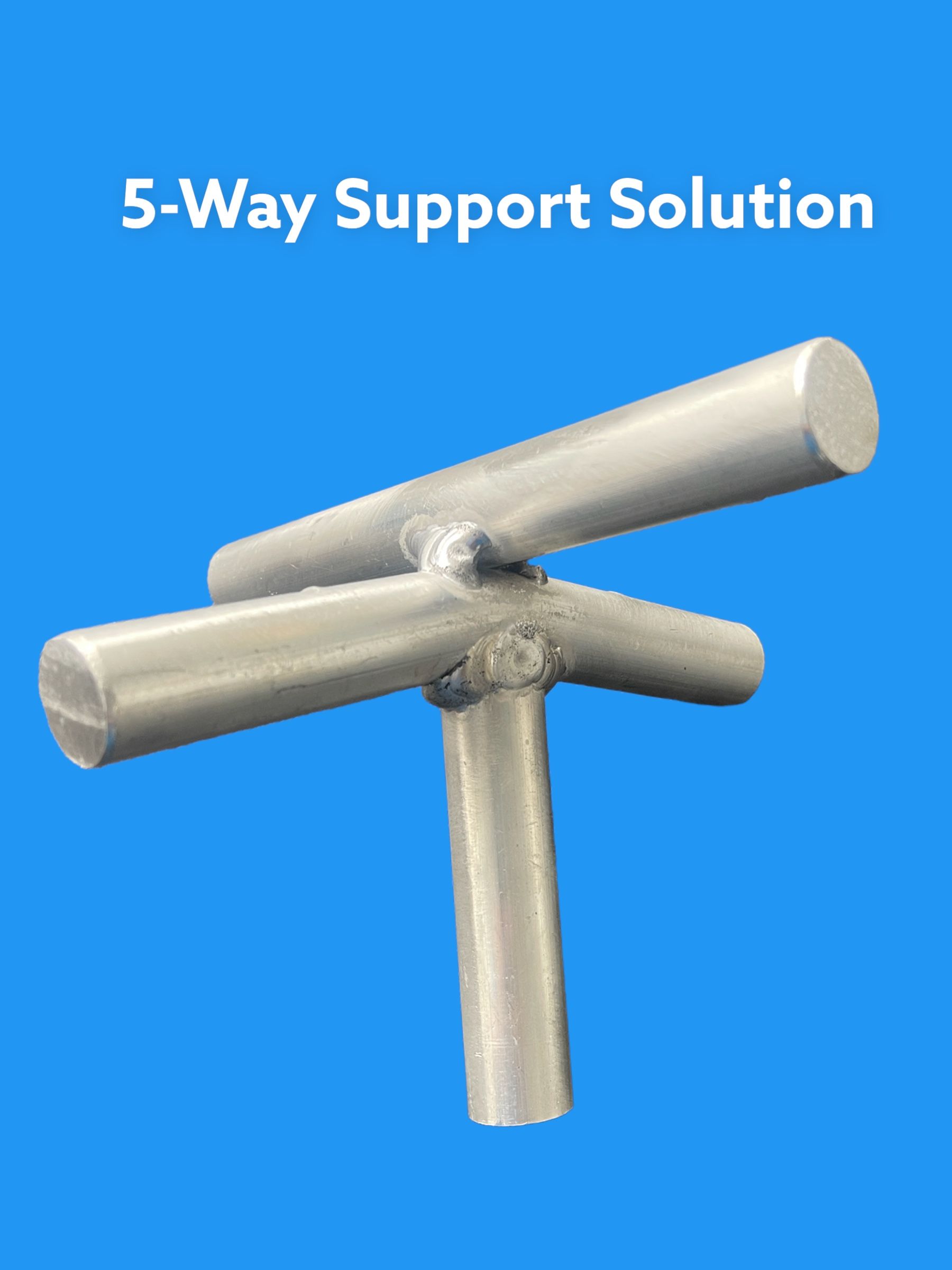 Five-way metal support solution blue background with white text
