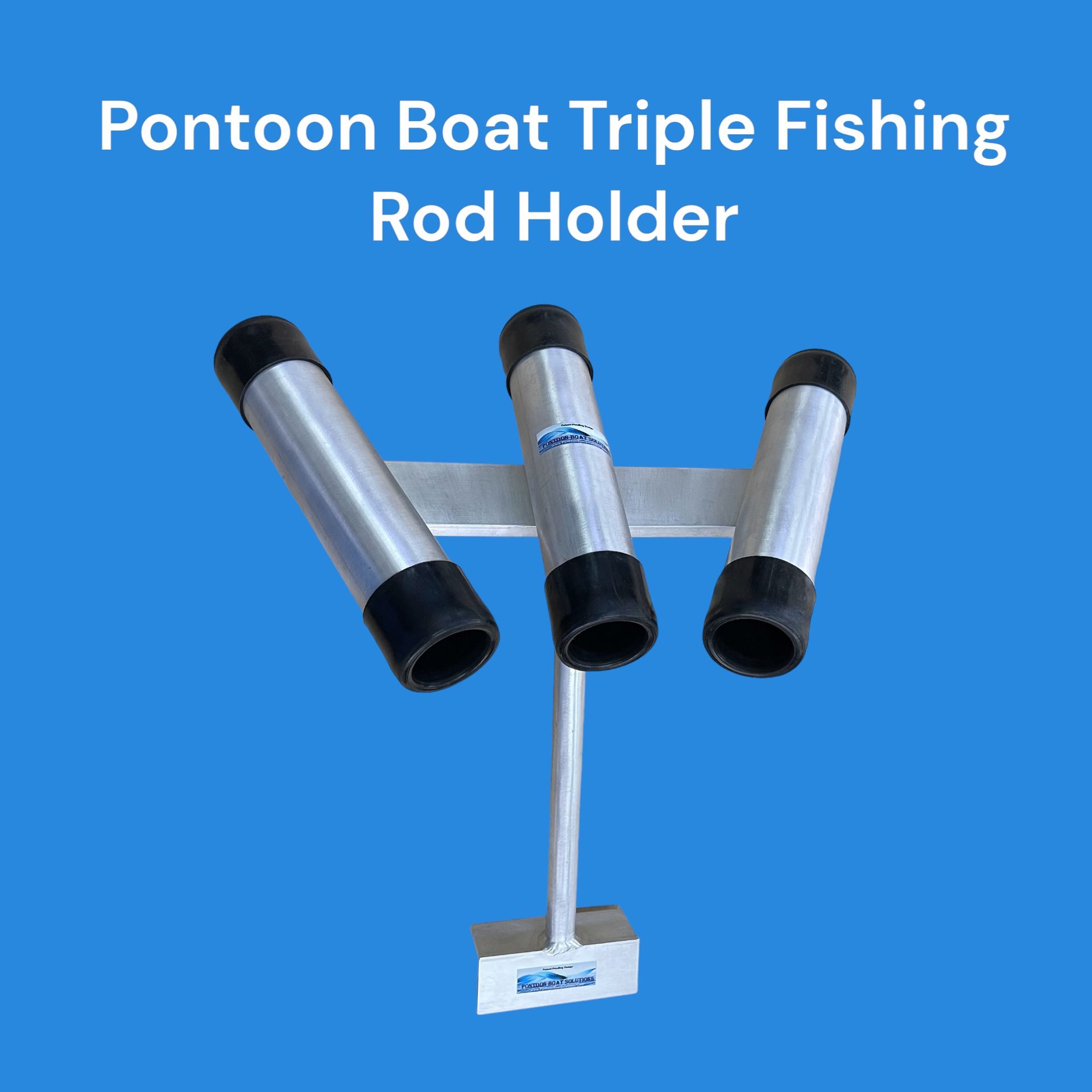 Triple fishing rod holder on a blue background with silver and black tubes