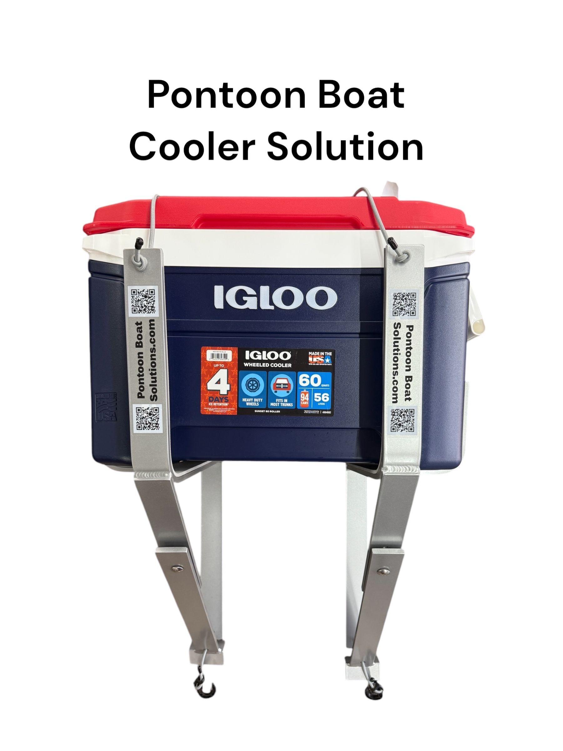 Pontoon boat cooler mounted on metal legs, red lid and blue Igloo body.