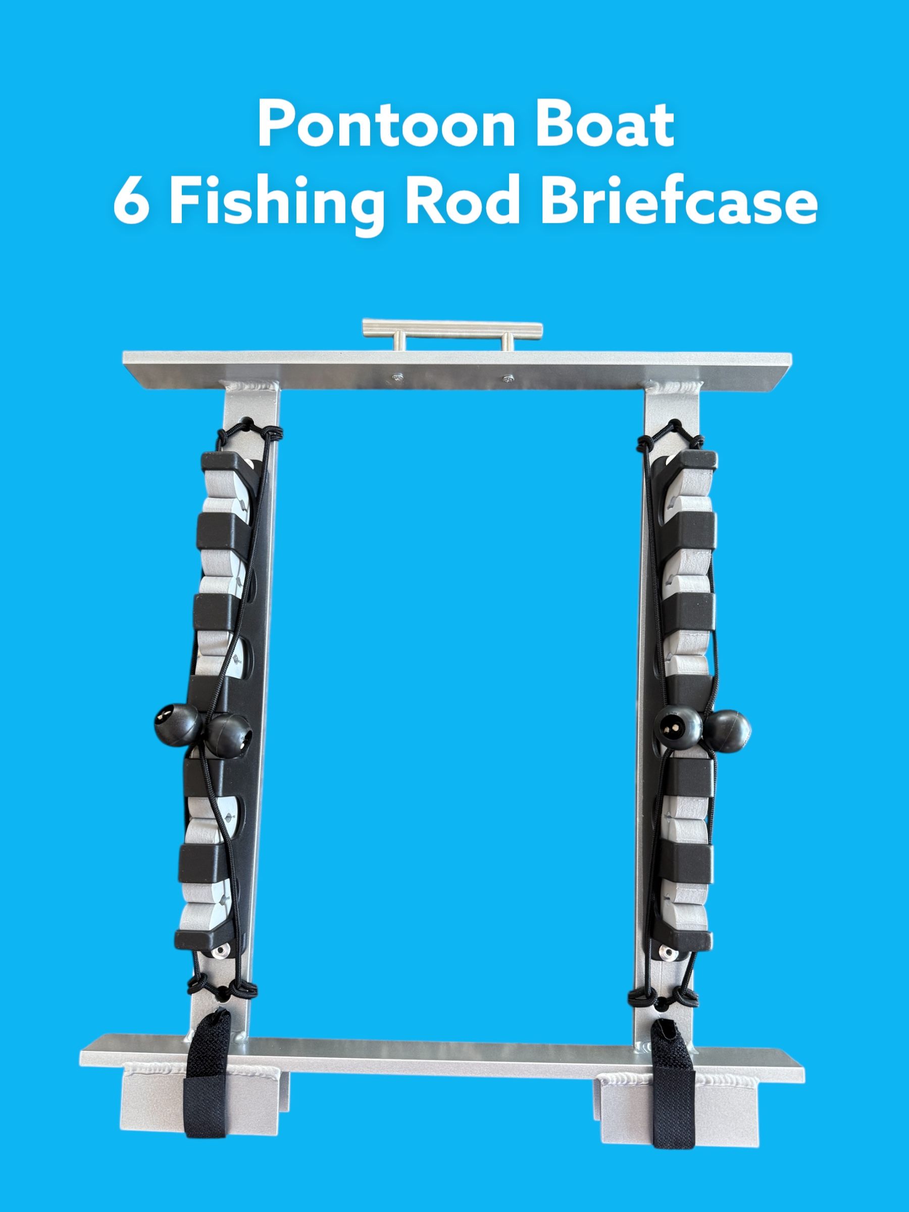 Pontoon boat 6 fishing rod briefcase with black-and-white straps and top/bottom mounting bars on blue background