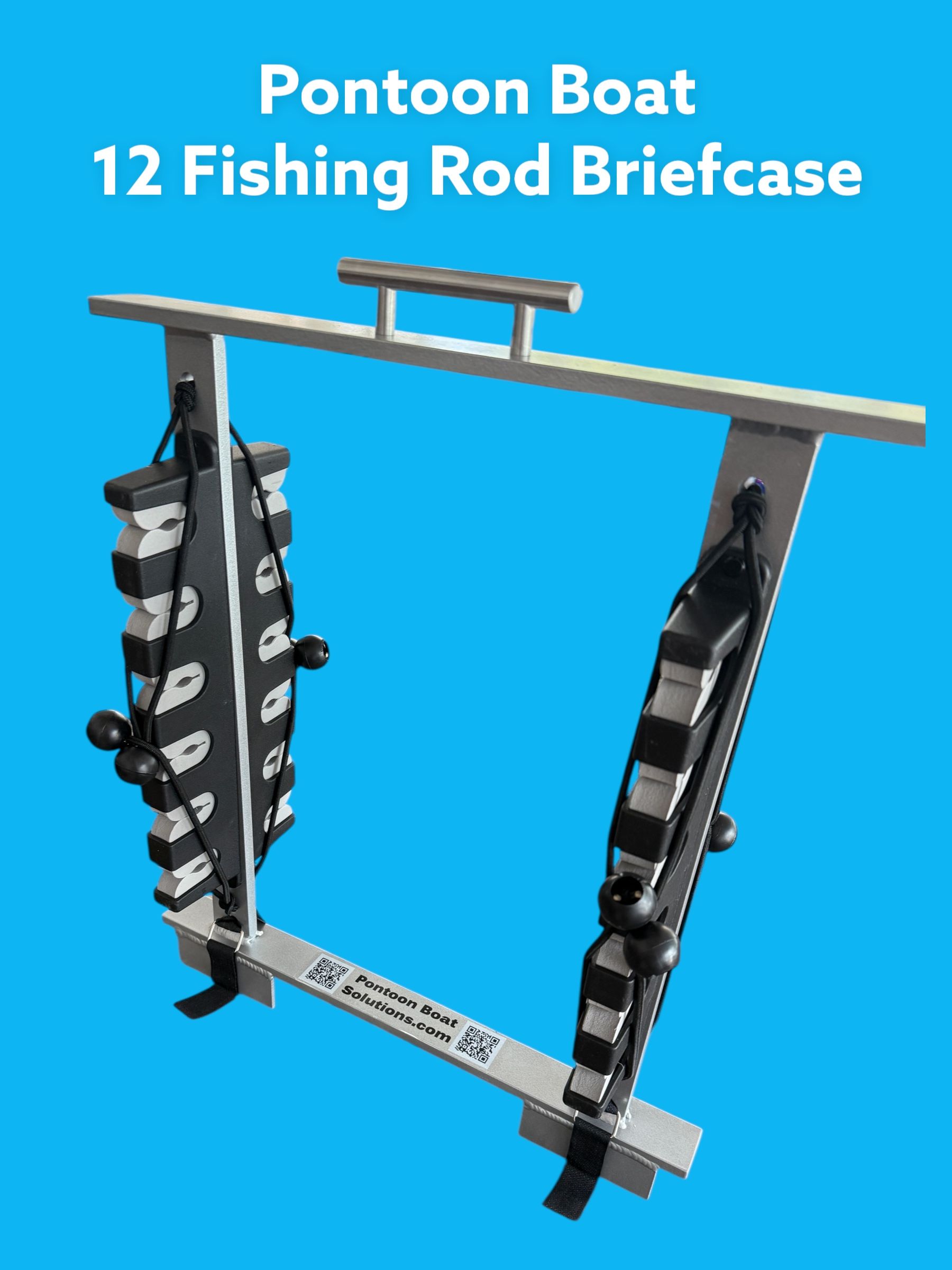 Pontoon boat 12-rod fishing briefcase rack, black and silver with blue background