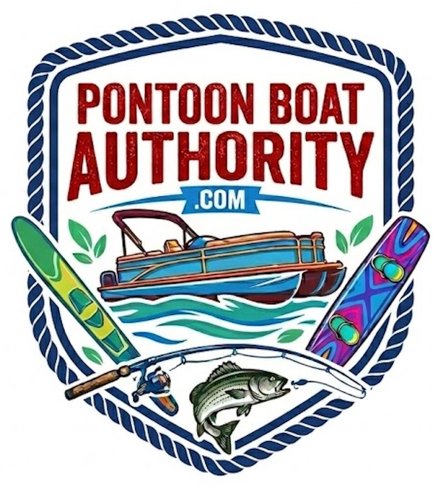Pontoon Boat Authority logo with red text, pontoon boat, fish, paddles, and rope border