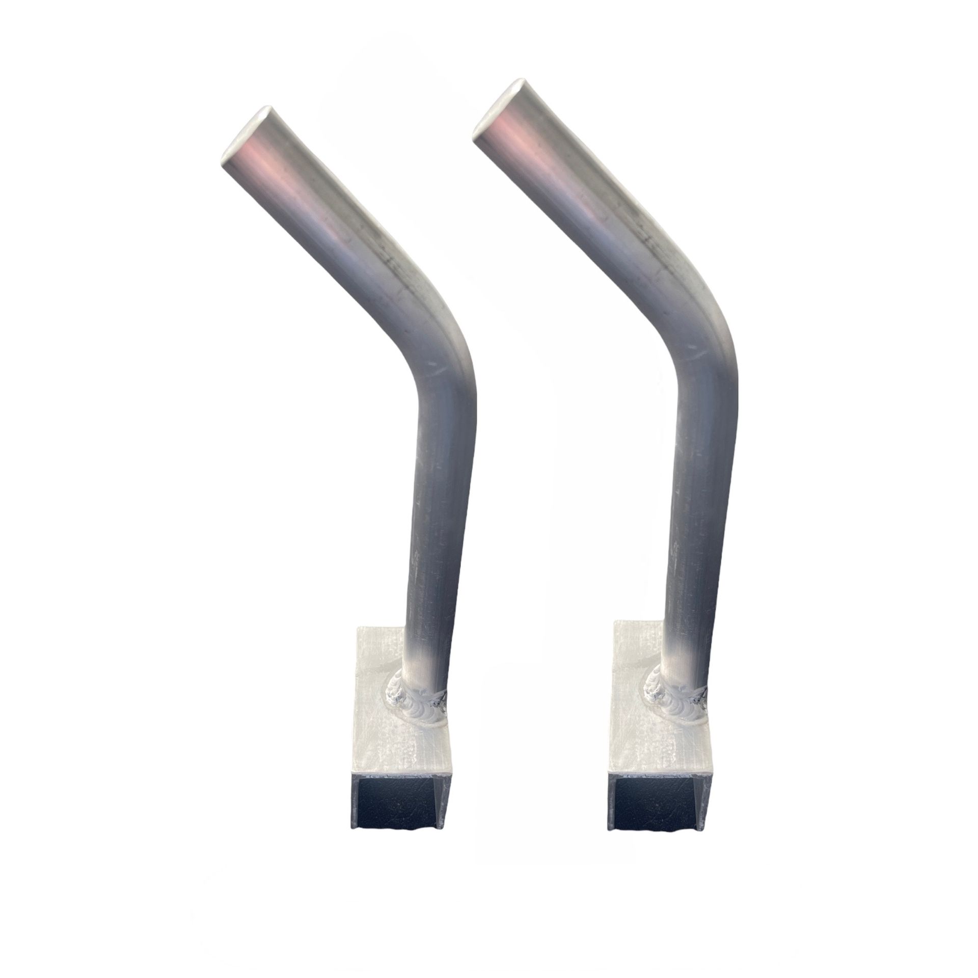 White PVC pipe fittings and two bent metal tubes on a blue background