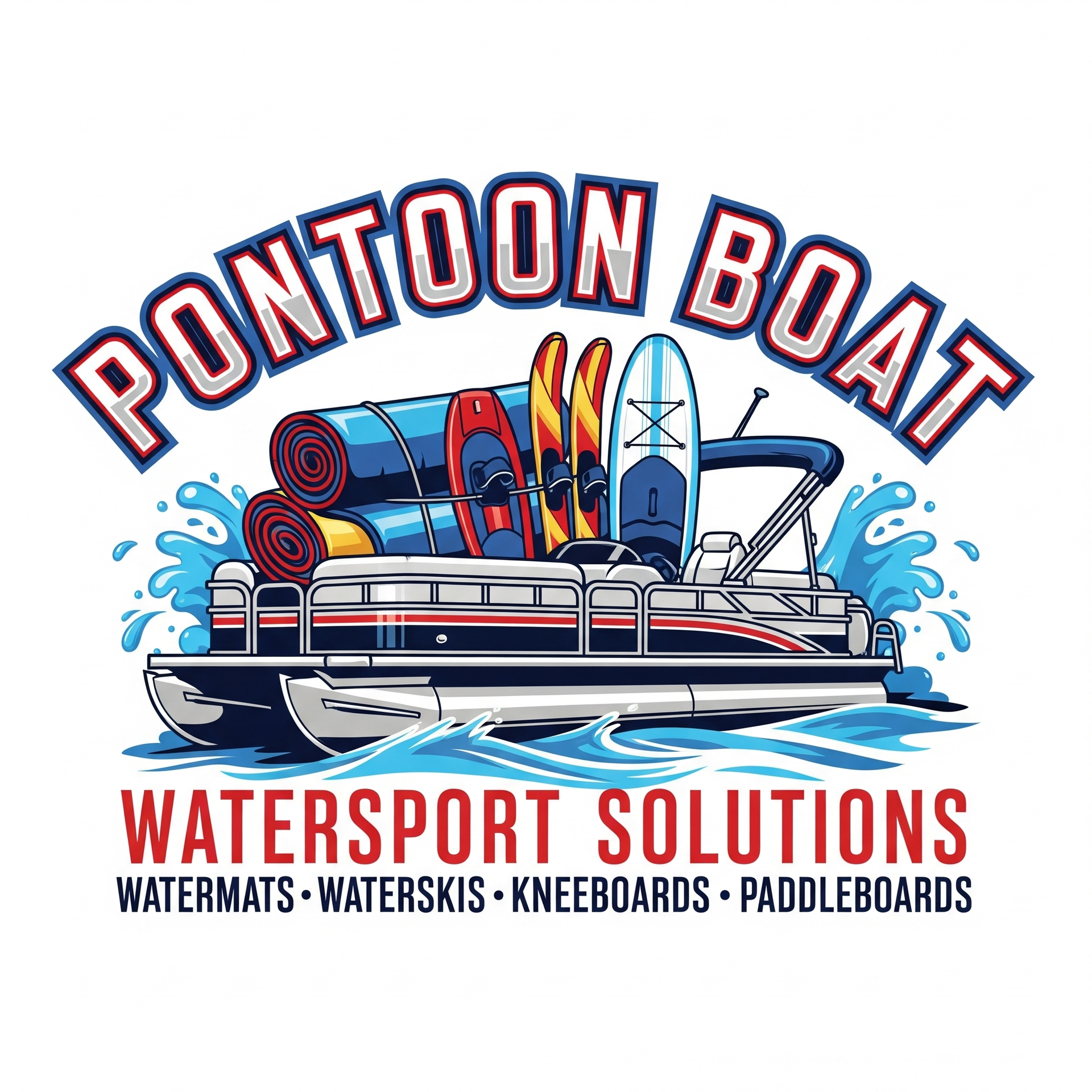 Pontoon boat watersport logo with skis, boards, water splashes, and “WATERSPORT SOLUTIONS” text