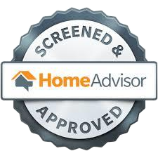 HomeAdvisor screened and approved badge with logo and text. Silver and white.