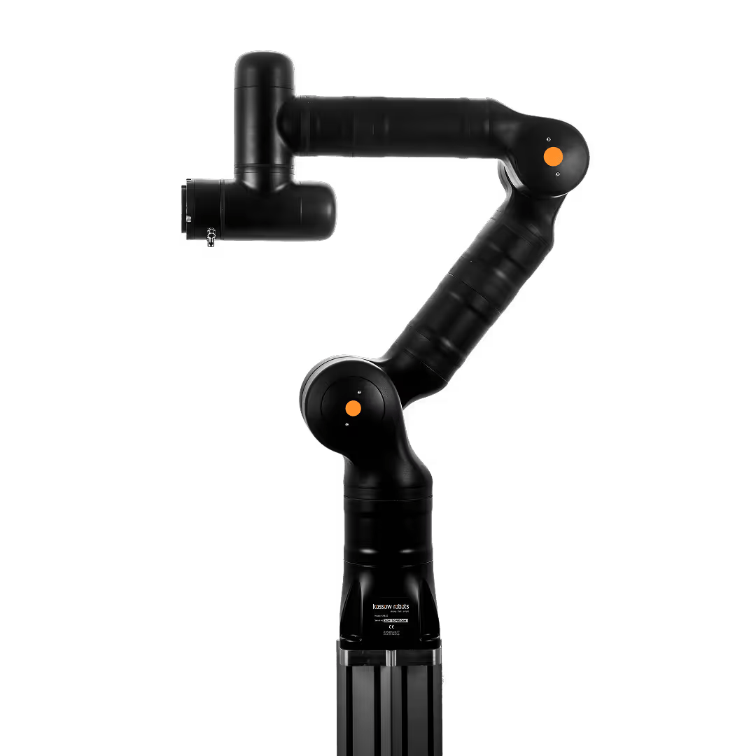 Black portable measuring arm, angled, with orange joints, against a black background.