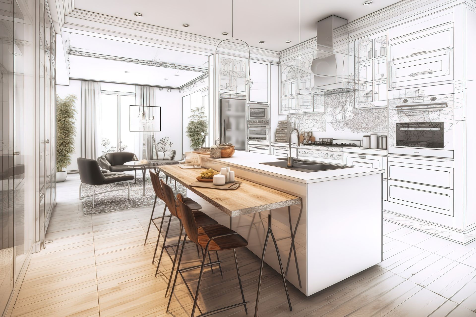 Cuisine moderne et lumineuse avec placards blancs, îlot central et table à manger en bois sous des suspensions lumineuses.