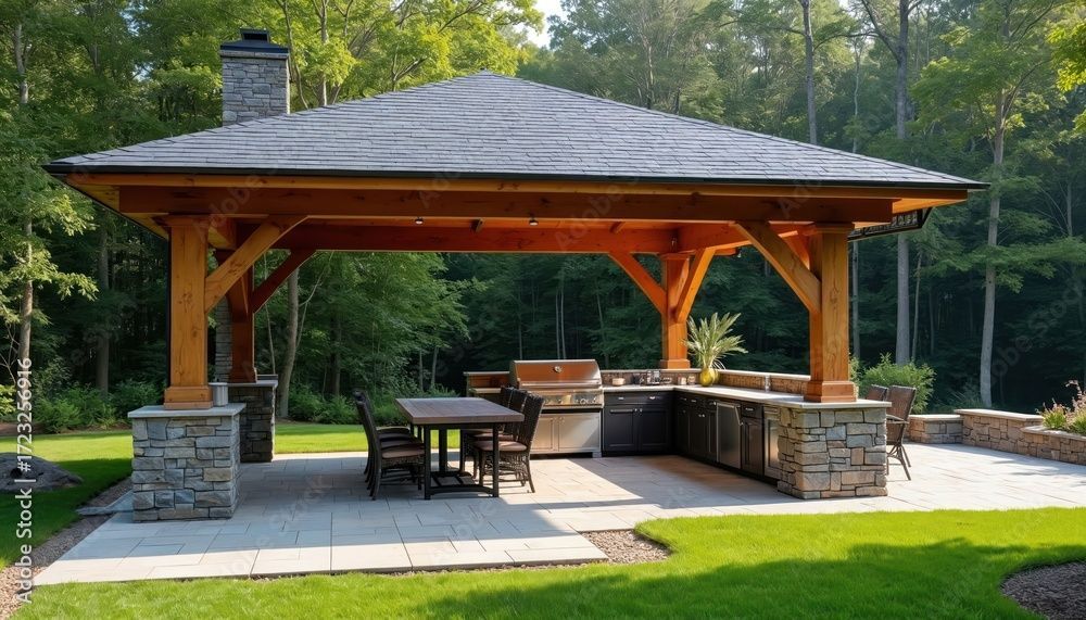 Pavillon extérieur avec cheminée en pierre, barbecue intégré, table à manger et coin cuisine dans un jardin paysager