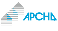 Le logo d'apcha est un triangle rayé bleu et gris.