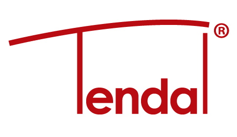 Un logo rouge et blanc pour tenda sur fond blanc.