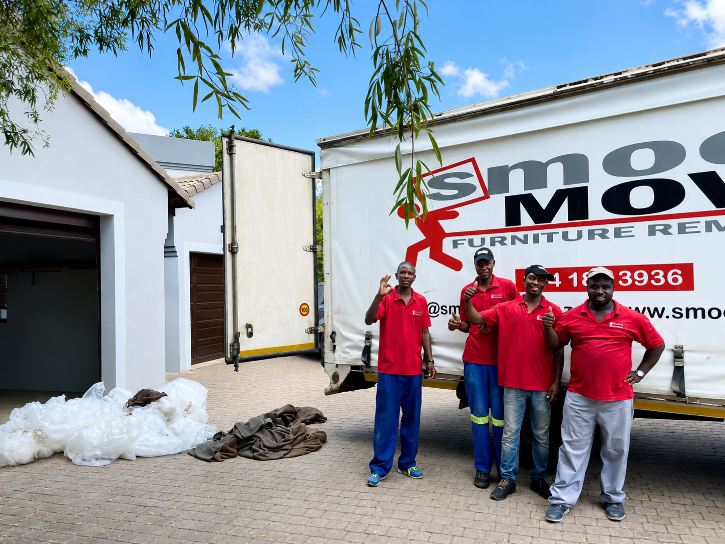 Movers carrying a wrapped sofa